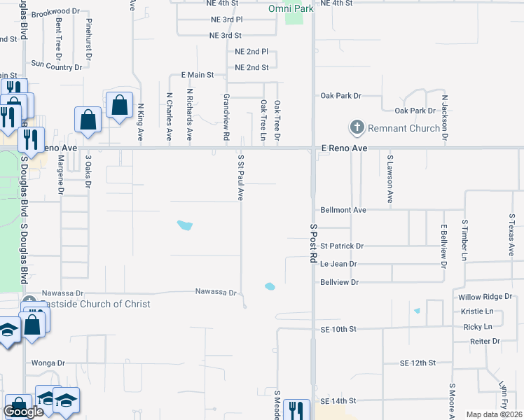 map of restaurants, bars, coffee shops, grocery stores, and more near 9732 Southeast 3rd Street in Midwest City