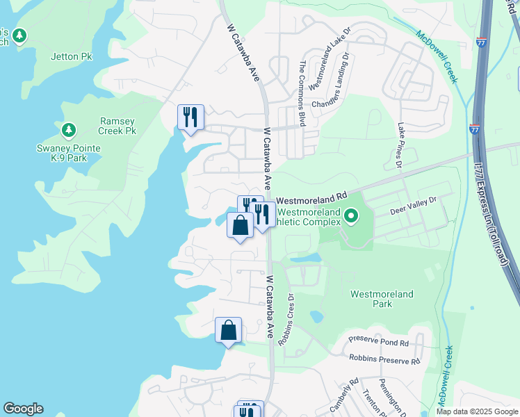 map of restaurants, bars, coffee shops, grocery stores, and more near 18147 West Catawba Avenue in Cornelius