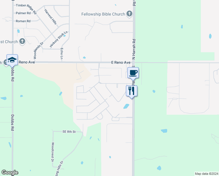 map of restaurants, bars, coffee shops, grocery stores, and more near 286 Hillside Drive in Harrah