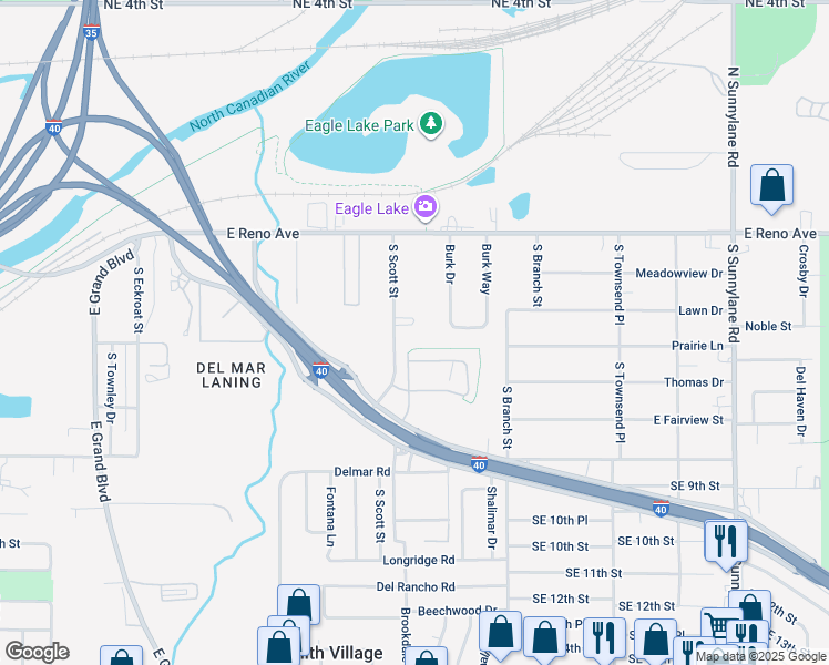 map of restaurants, bars, coffee shops, grocery stores, and more near 340 South Scott Street in Del City