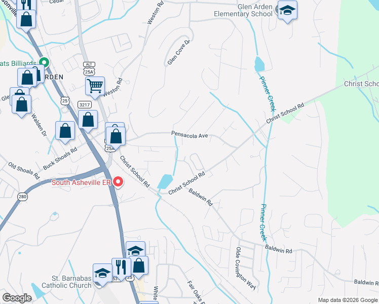 map of restaurants, bars, coffee shops, grocery stores, and more near 74 Pensacola Avenue in Arden