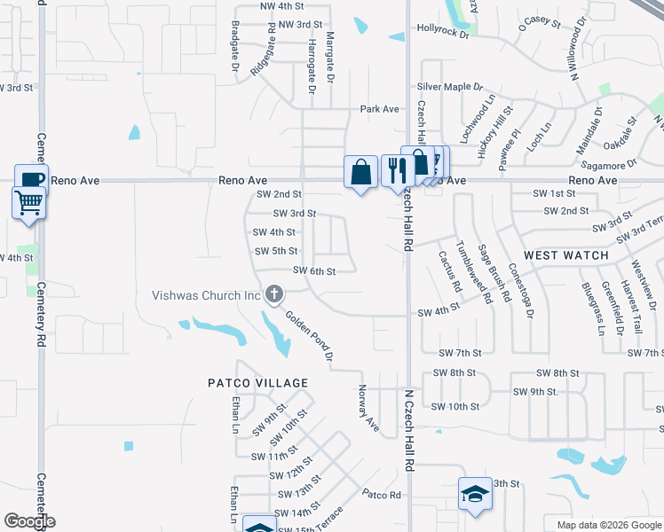 map of restaurants, bars, coffee shops, grocery stores, and more near 12309 Southwest 5th Street in Yukon