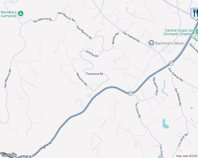 map of restaurants, bars, coffee shops, grocery stores, and more near 8565 Casanova Avenue in Atascadero