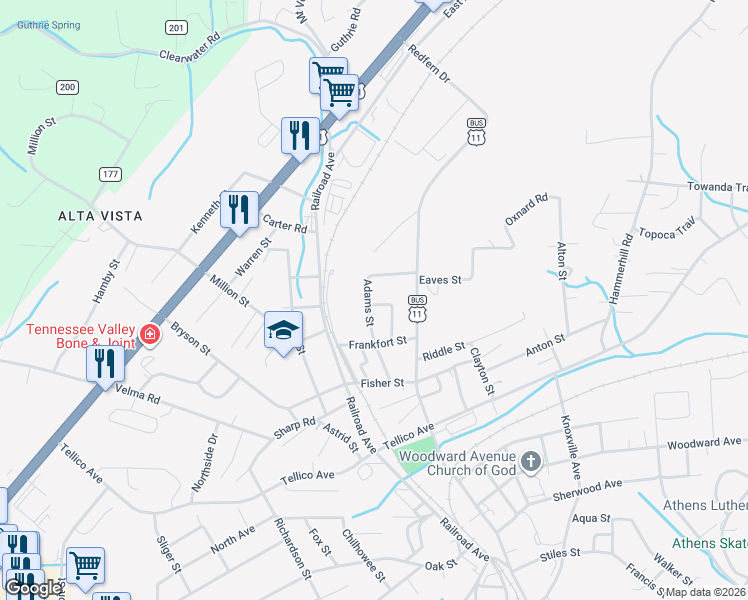 map of restaurants, bars, coffee shops, grocery stores, and more near 1814 Adams Street in Athens