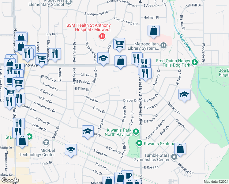 map of restaurants, bars, coffee shops, grocery stores, and more near 2208 Felix Place in Oklahoma City