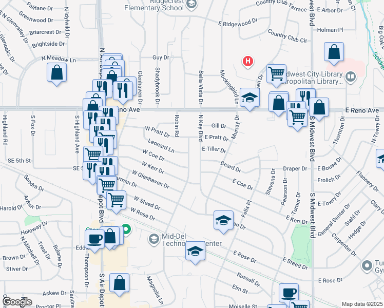map of restaurants, bars, coffee shops, grocery stores, and more near 2421 North key Boulevard in Midwest City