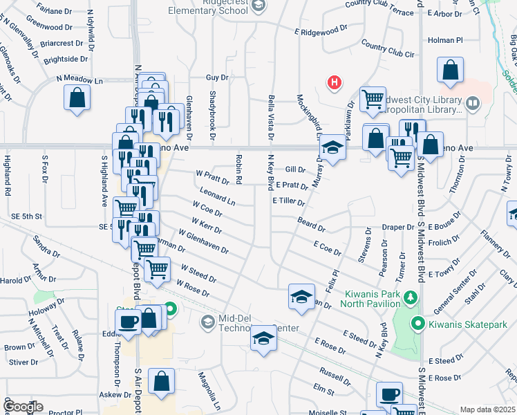 map of restaurants, bars, coffee shops, grocery stores, and more near 2320 Maple Drive in Midwest City