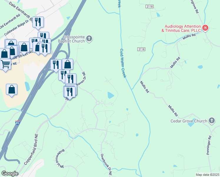 map of restaurants, bars, coffee shops, grocery stores, and more near 369 Sycamore Ridge Rd NE in Concord