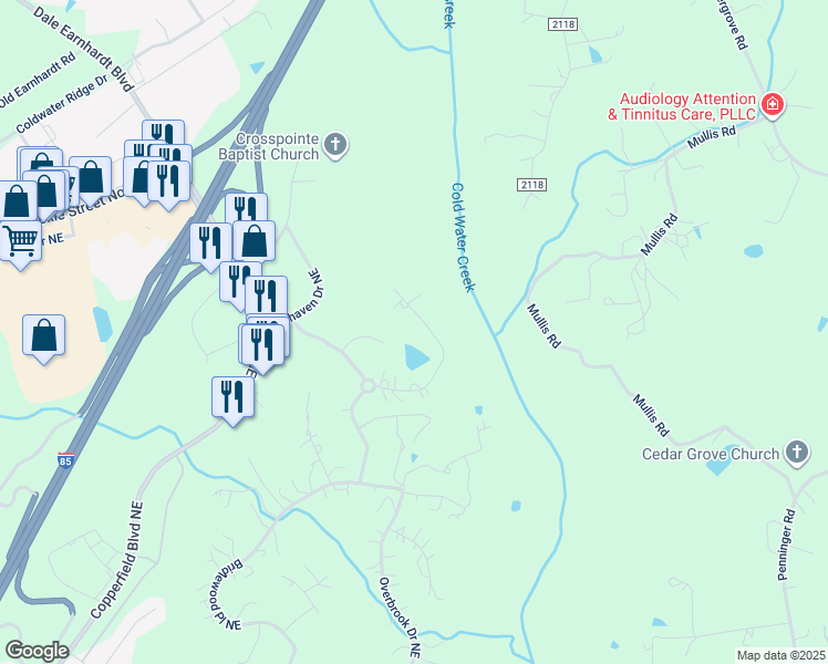 map of restaurants, bars, coffee shops, grocery stores, and more near 369 Sycamore Ridge Rd NE in Concord