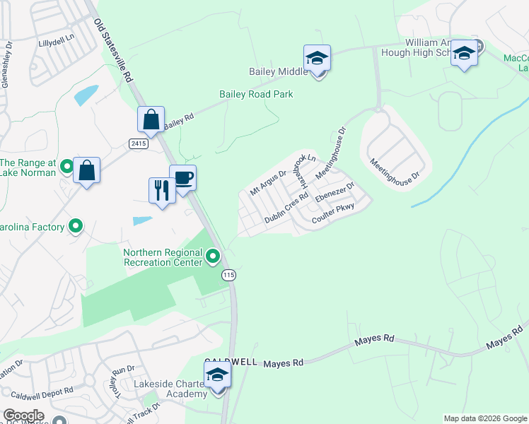 map of restaurants, bars, coffee shops, grocery stores, and more near 11123 Bailey Park Nature Drive in Cornelius