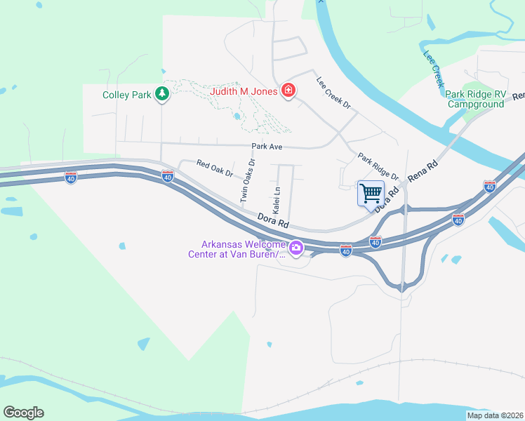 map of restaurants, bars, coffee shops, grocery stores, and more near 2435 Aubrie Circle in Van Buren