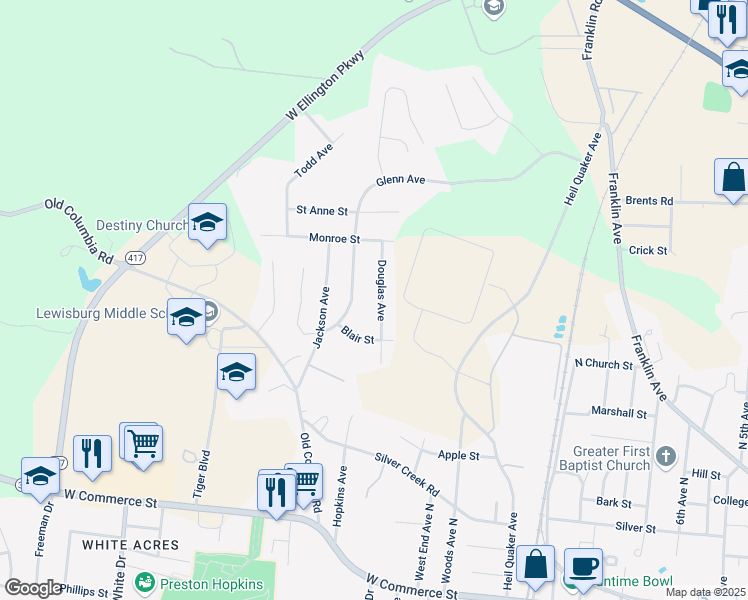 map of restaurants, bars, coffee shops, grocery stores, and more near 658 Douglas Avenue in Lewisburg