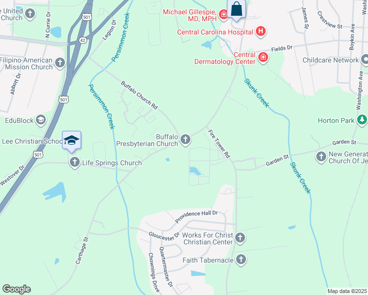 map of restaurants, bars, coffee shops, grocery stores, and more near 1333 Carthage Street in Sanford
