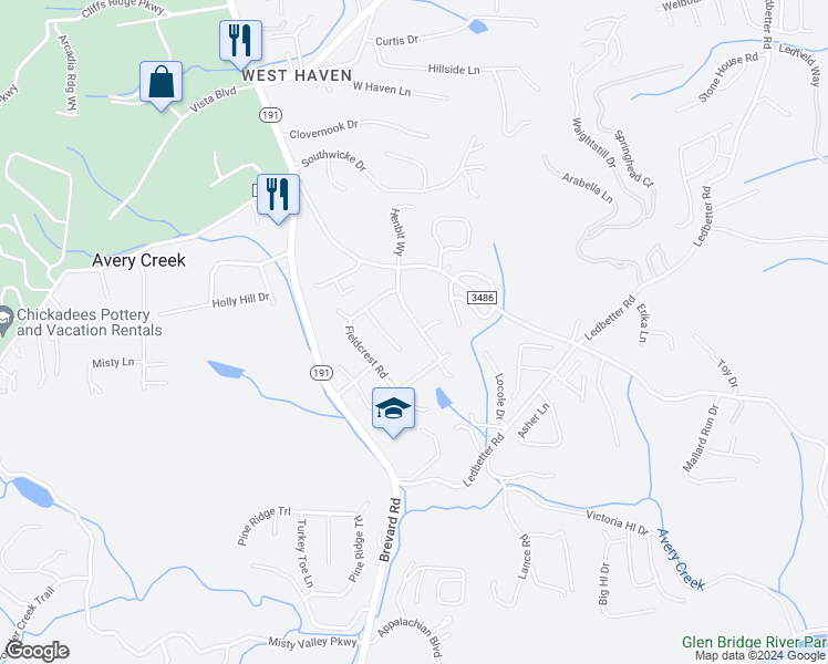 map of restaurants, bars, coffee shops, grocery stores, and more near 16 Glen Meadows Road in Arden