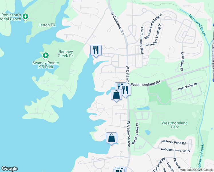 map of restaurants, bars, coffee shops, grocery stores, and more near 18716 Nautical Drive in Cornelius