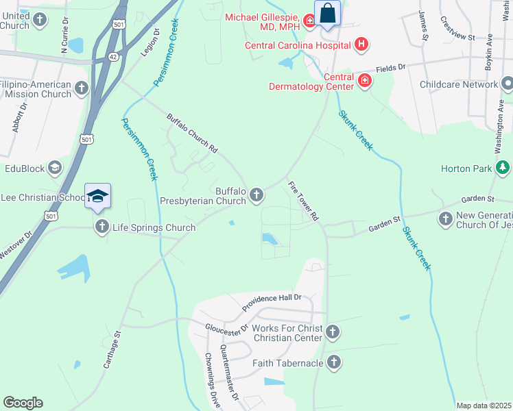 map of restaurants, bars, coffee shops, grocery stores, and more near 1333 Carthage Street in Sanford