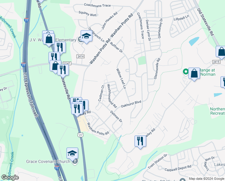 map of restaurants, bars, coffee shops, grocery stores, and more near 18712 Ronceverte Drive in Cornelius
