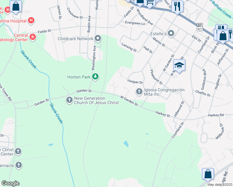 map of restaurants, bars, coffee shops, grocery stores, and more near 1316 West Garden Street in Sanford