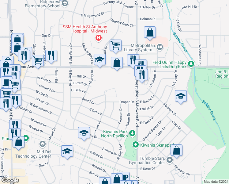 map of restaurants, bars, coffee shops, grocery stores, and more near 442 Randall Drive in Midwest City
