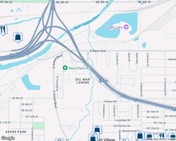 map of restaurants, bars, coffee shops, grocery stores, and more near 425 I- 40 Srv Road in Oklahoma City