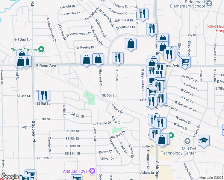 map of restaurants, bars, coffee shops, grocery stores, and more near 414 Betty Lane in Midwest City