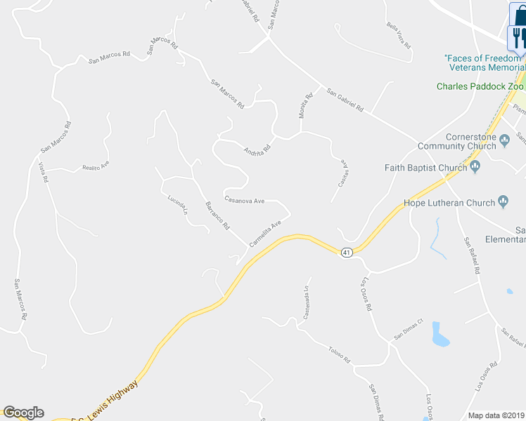 map of restaurants, bars, coffee shops, grocery stores, and more near 8565 Casanova Road in Atascadero