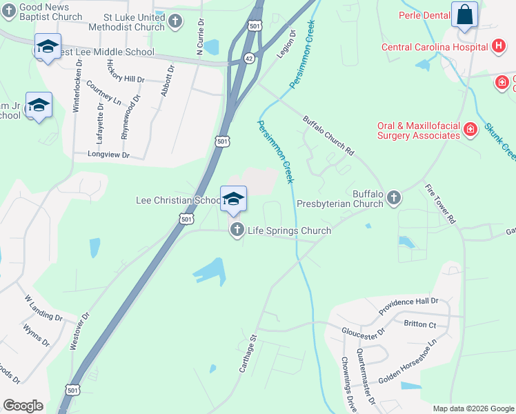 map of restaurants, bars, coffee shops, grocery stores, and more near 1469 Abercorn Lane in Sanford