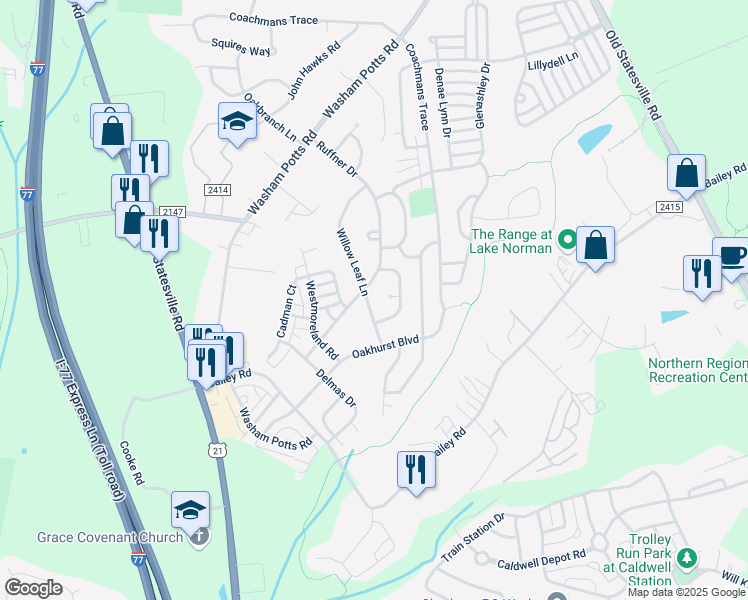 map of restaurants, bars, coffee shops, grocery stores, and more near 9909 Adelie Court in Cornelius