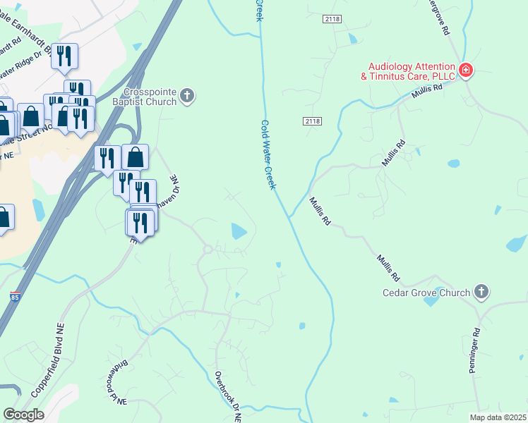 map of restaurants, bars, coffee shops, grocery stores, and more near 358 Sycamore Ridge Road Northeast in Concord