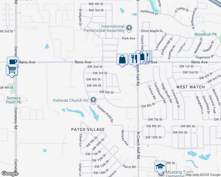 map of restaurants, bars, coffee shops, grocery stores, and more near 12309 Southwest 5th Street in Yukon