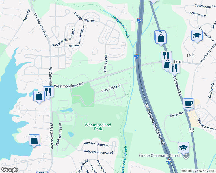 map of restaurants, bars, coffee shops, grocery stores, and more near 18111 Amberwood Glen Drive in Cornelius