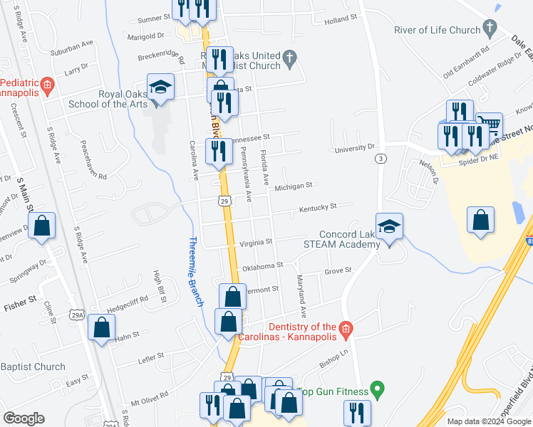 map of restaurants, bars, coffee shops, grocery stores, and more near 2410 Florida Avenue in Kannapolis