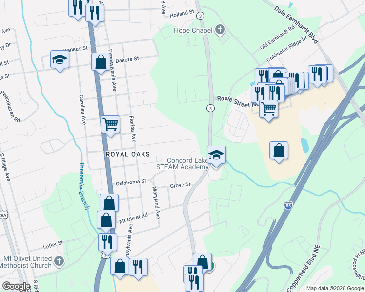map of restaurants, bars, coffee shops, grocery stores, and more near 1026 Kentucky Street in Kannapolis
