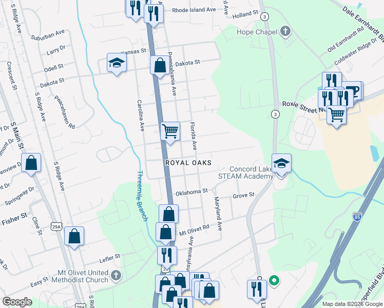 map of restaurants, bars, coffee shops, grocery stores, and more near 2407 Pennsylvania Avenue in Kannapolis