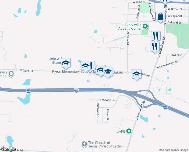 map of restaurants, bars, coffee shops, grocery stores, and more near 2013-2049 West Clark Road in Clarksville