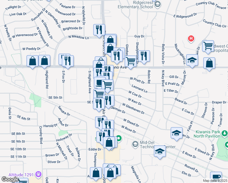 map of restaurants, bars, coffee shops, grocery stores, and more near 304 South Air Depot Boulevard in Midwest City