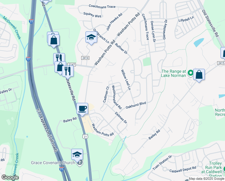 map of restaurants, bars, coffee shops, grocery stores, and more near 9932 Westmoreland Road in Cornelius