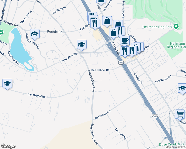 map of restaurants, bars, coffee shops, grocery stores, and more near 10005 Atascadero Avenue in Atascadero