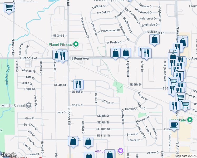 map of restaurants, bars, coffee shops, grocery stores, and more near 6009 Southeast 3rd Street in Midwest City