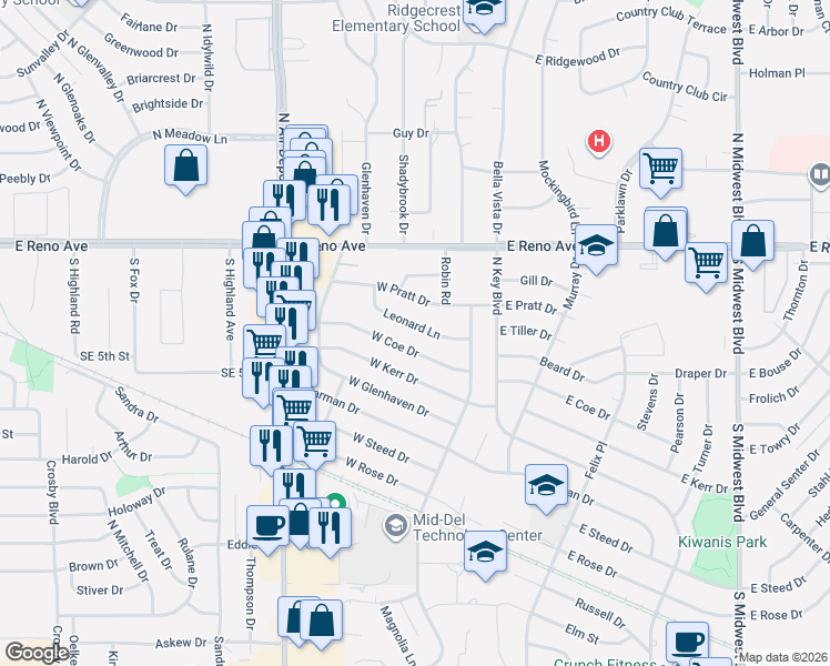 map of restaurants, bars, coffee shops, grocery stores, and more near 200 Leonard Lane in Midwest City
