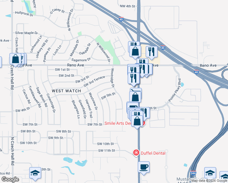 map of restaurants, bars, coffee shops, grocery stores, and more near 508 Westridge Drive in Yukon