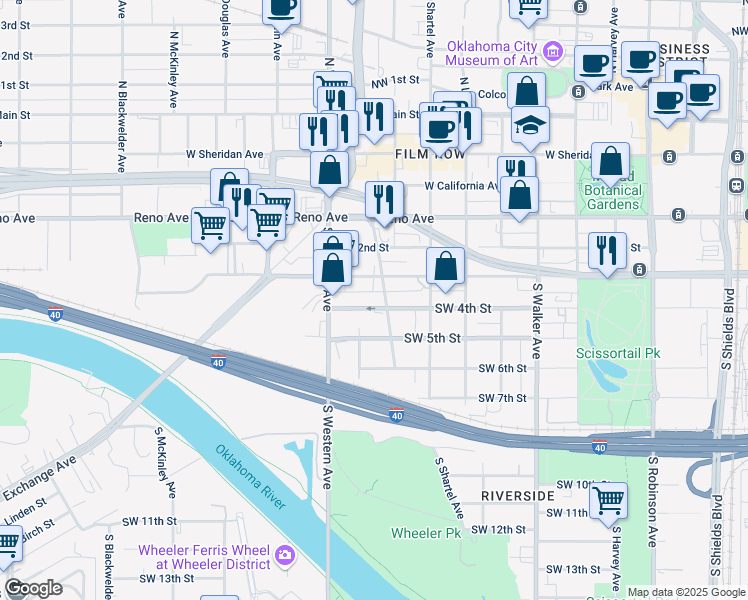 map of restaurants, bars, coffee shops, grocery stores, and more near 919 Southwest 4th Street in Oklahoma City