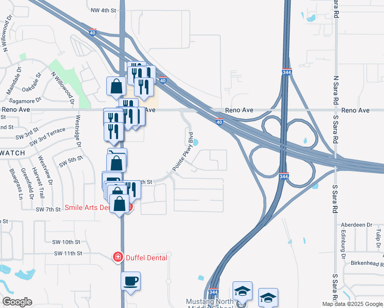 map of restaurants, bars, coffee shops, grocery stores, and more near 400 Pointe Parkway Boulevard in Yukon