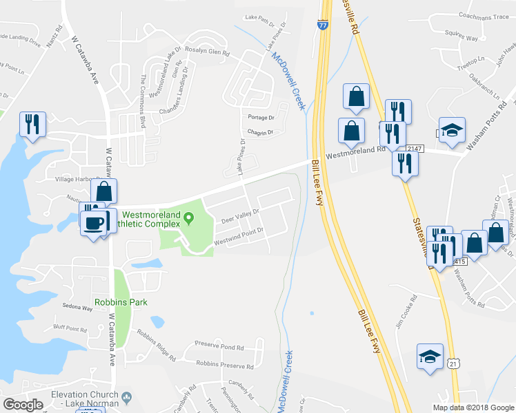 map of restaurants, bars, coffee shops, grocery stores, and more near 16813 Doe Valley Court in Cornelius
