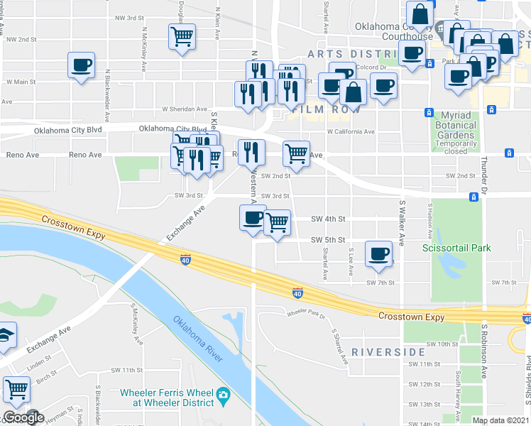 map of restaurants, bars, coffee shops, grocery stores, and more near 402 South Western Avenue in Oklahoma City