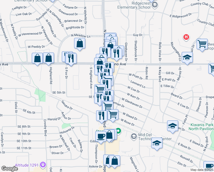 map of restaurants, bars, coffee shops, grocery stores, and more near 304 South Air Depot Boulevard in Midwest City