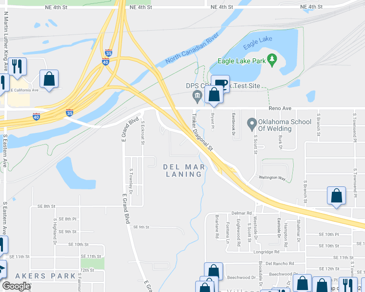 map of restaurants, bars, coffee shops, grocery stores, and more near 417 Tinker Diagonal Street in Oklahoma City