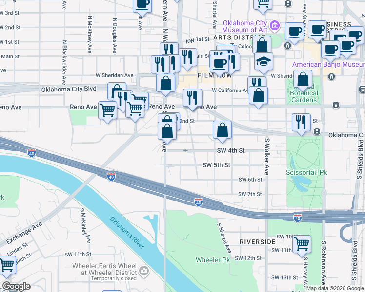 map of restaurants, bars, coffee shops, grocery stores, and more near 919 Southwest 4th Street in Oklahoma City