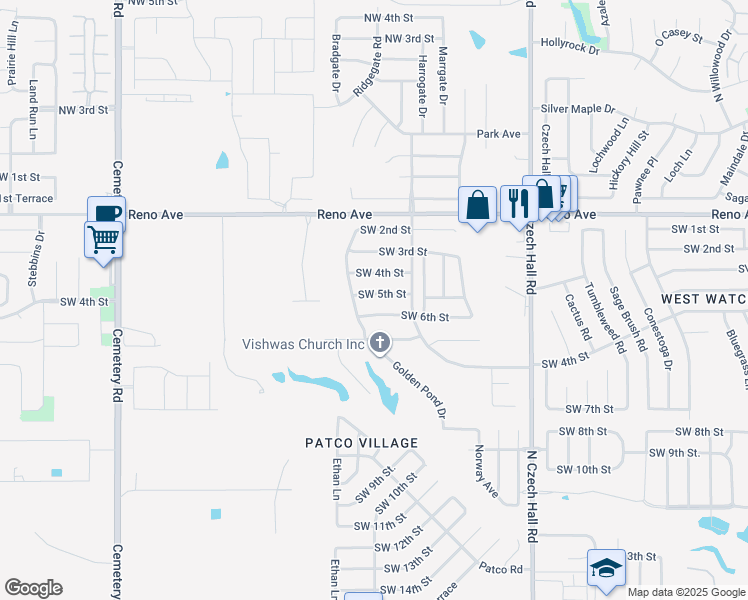 map of restaurants, bars, coffee shops, grocery stores, and more near 12500 Southwest 5th Street in Yukon