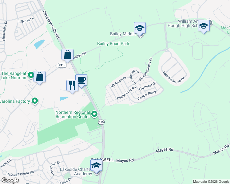 map of restaurants, bars, coffee shops, grocery stores, and more near 11123 Bailey Park Nature Drive in Cornelius